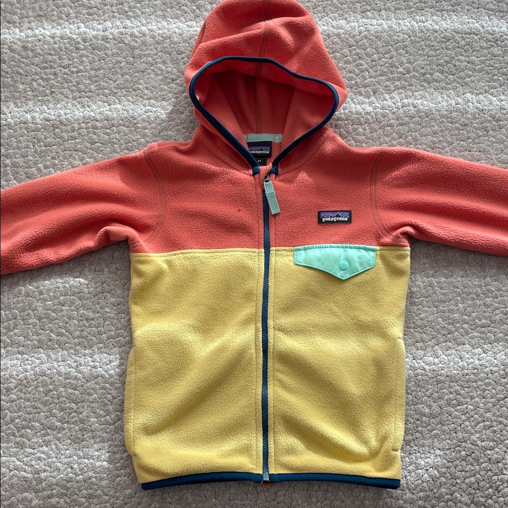 Patagonia Kids Two-Tone Fleece Hoodie - Coral and Lemon